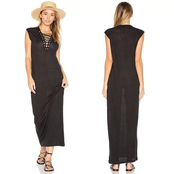 IRO Daisy Lace Up V-Neck Linen Maxi Dress in Black - Picture 1 of 8